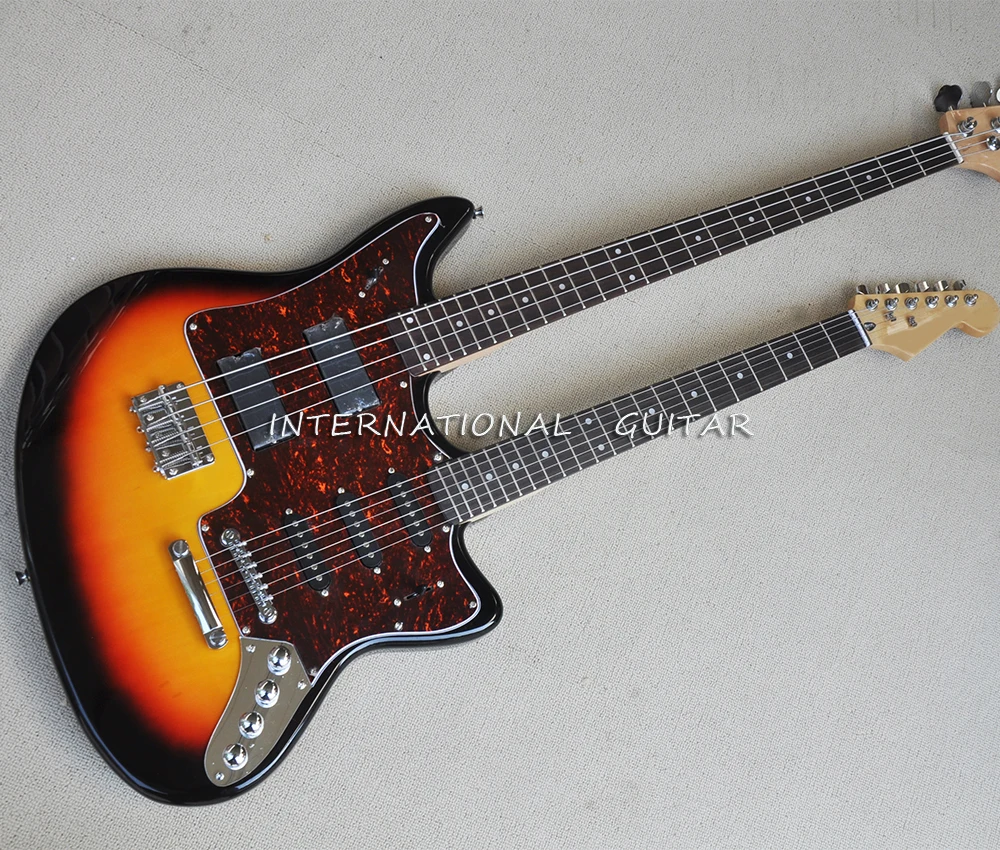 4+6 Strings Tobacco Sunburst Double Neck Electric Guitar with Active Circuit,Rosewood Fretboard,Can be Customized