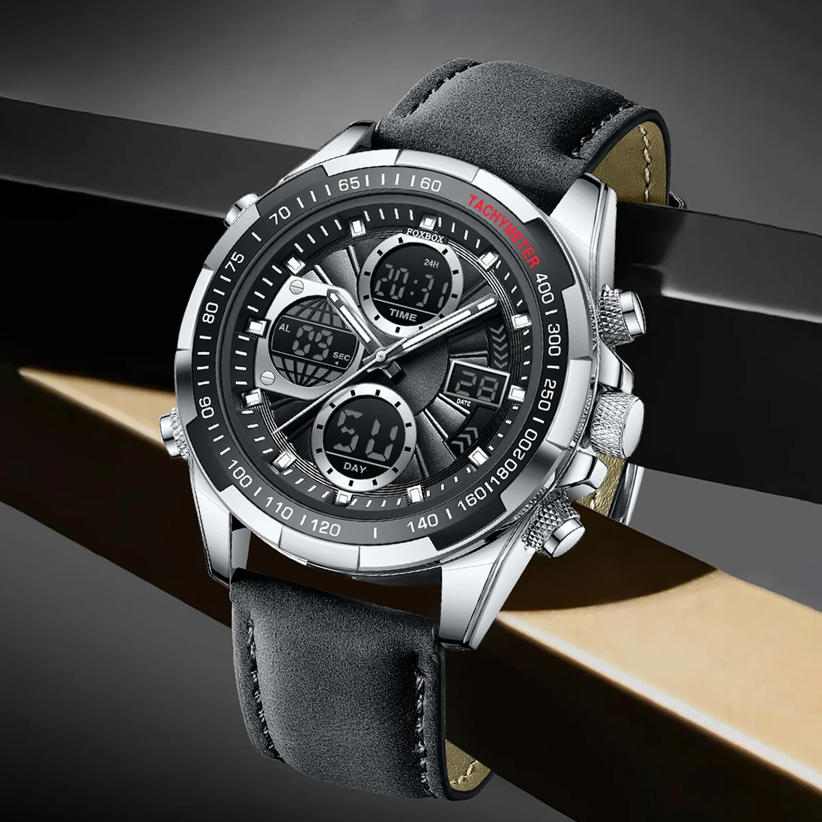 LIGE New Leather Strap Man Watch Fashion Dual Display Business Mens Quartz Watch Waterproof Chronograph Digital Watches For Men