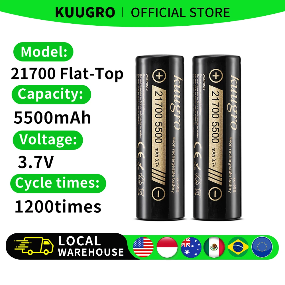 Akumulator litowy Kuugro 21700 5500mAh 3.7V, ładowalny, o wysokiej mocy, z wyładowaniem 2C, do urządzeń o dużej mocy.