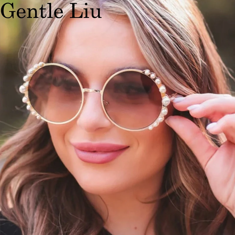 Oversized Round Sunglasses Women 2025 Luxury Brand Metal Frame Imitation Pearl Sun Glasses For Lady Trendy Shades Eyewear UV400