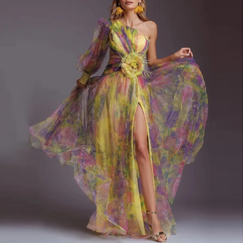 Spring Summer New Mesh Evening Dress Vintage Pattern Printed High Waisted Long Dress New One Shoulder Pleat Banquet Swing Dress