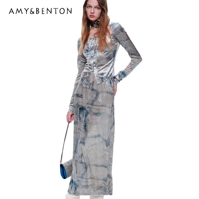 

American Retro Design Silver Gray Faux Denim Velvet Women's Top 2025 Autumn New Sweet Cool Sexy Long Skirts Hot Girl Sets Ladies