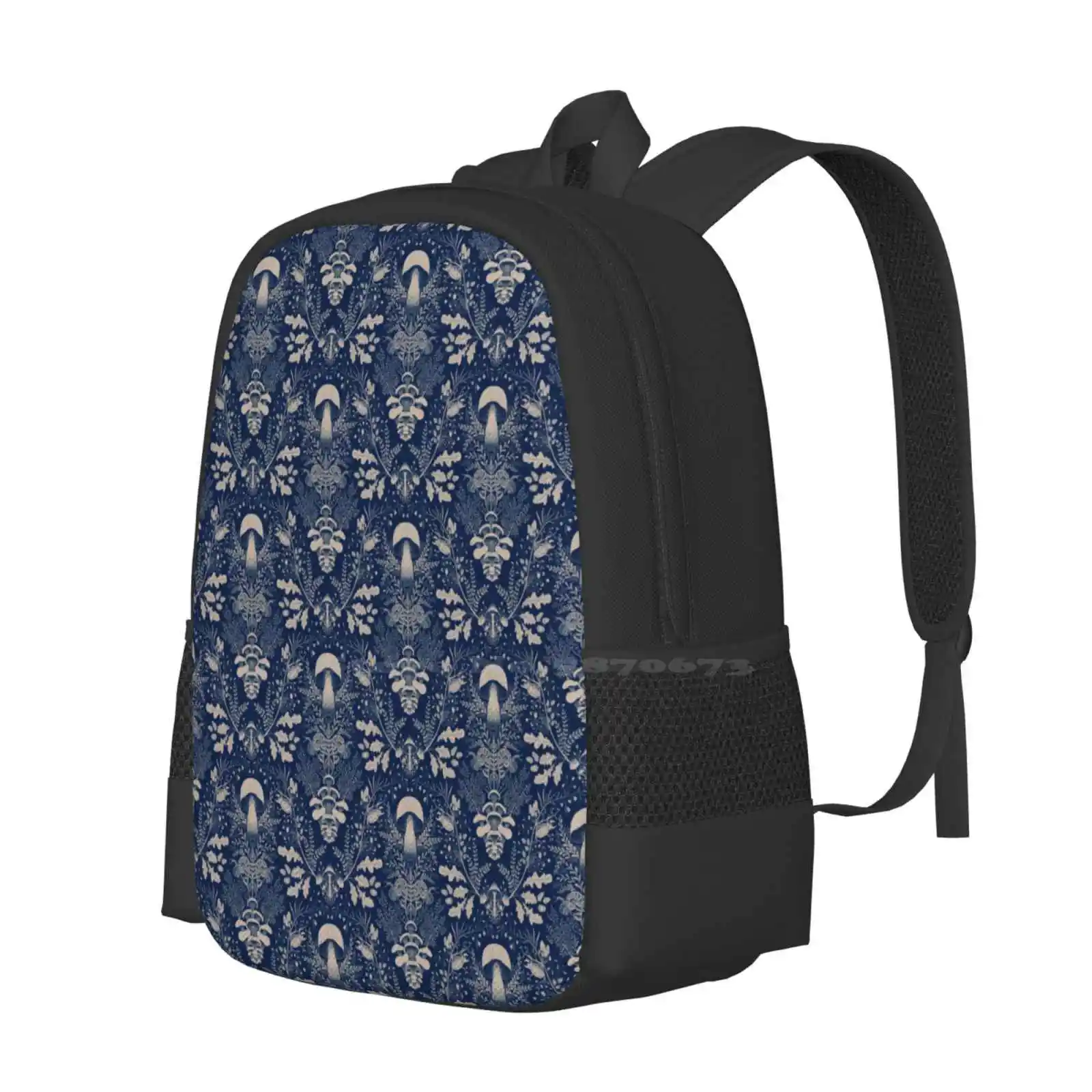 Mushrooms Forest Damask Navy Blue Beige Hot Sale Schoolbag Backpack Fashion Bags Leafs Bug Snail Pantonecoty22 Damask Forest