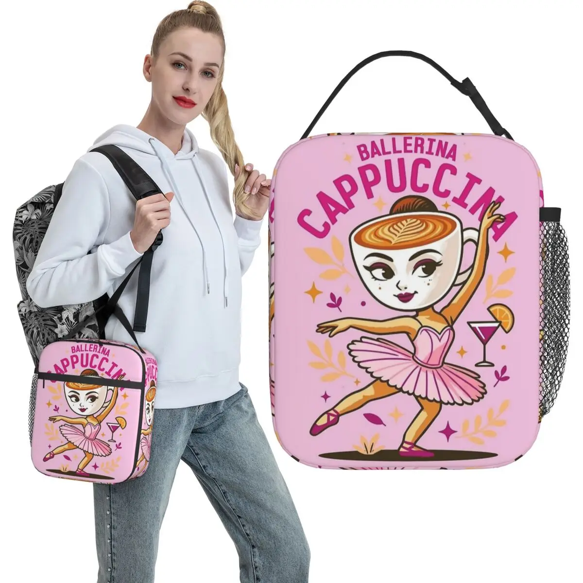 Ballerina Cappuccina Italian Brainrot Memes Lunch Bag Cute Lunch Box For Adult School Cooler Bag Oxford Print Thermal Lunch Bags