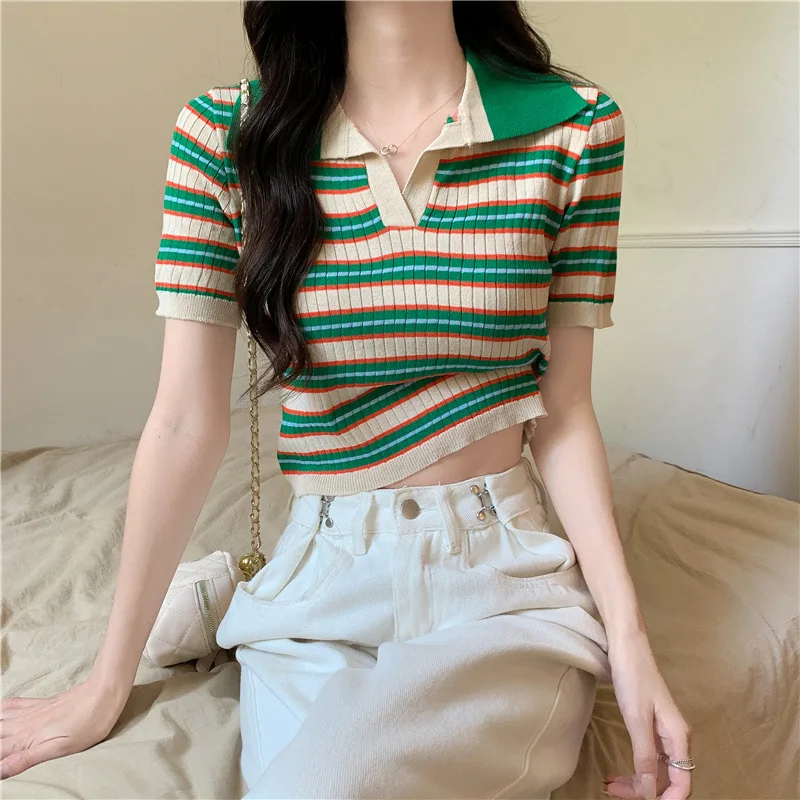 Women Summer Casual Green Striped T-shirt POLO Collar Thin Short Sleeved Crop Tops Vintage Loose Bottom Shirt Stretchy Knit Tees