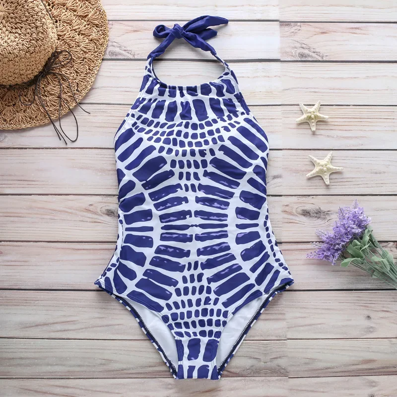 Sexy halter neck tie-back swimsuit with totem fish scale ripple print bikini