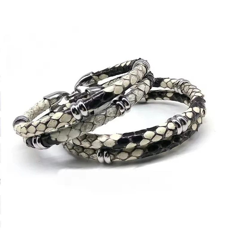 Real Python Skin Leather With Steel Buckle Bracelet With Beads Bracelet