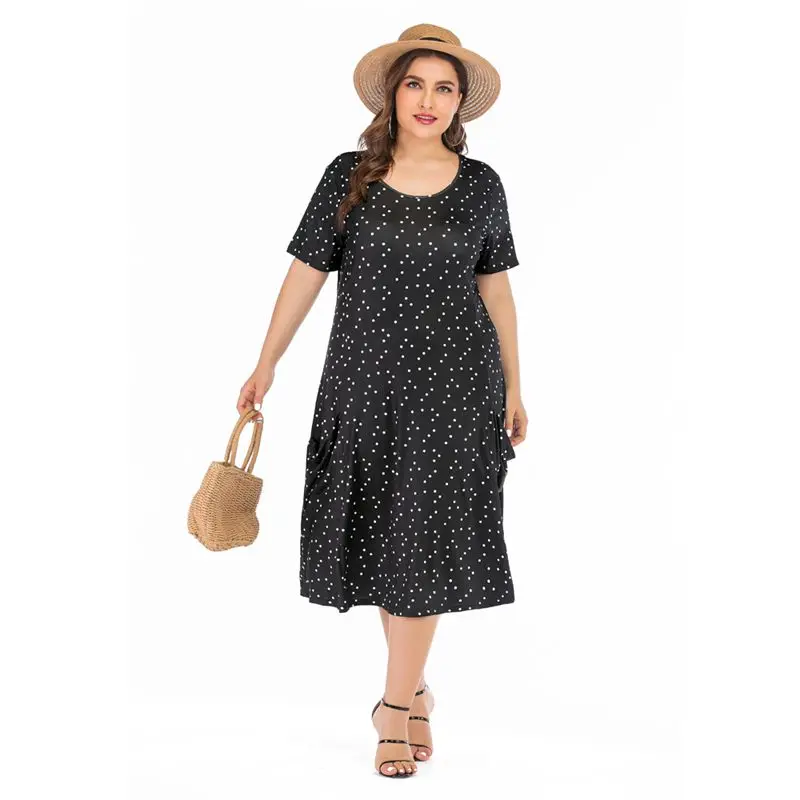 

Summer new plus size casual dress 7XL 6XL 5XL fashion ladies polka dot printed short sleeve pocket classic dress