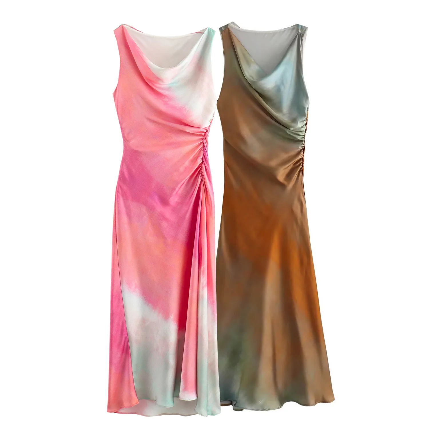 المرأة الجديدة التعادل صبغ طباعة الساتان أكمام مطوي سليم صالح فستان ميدي #2