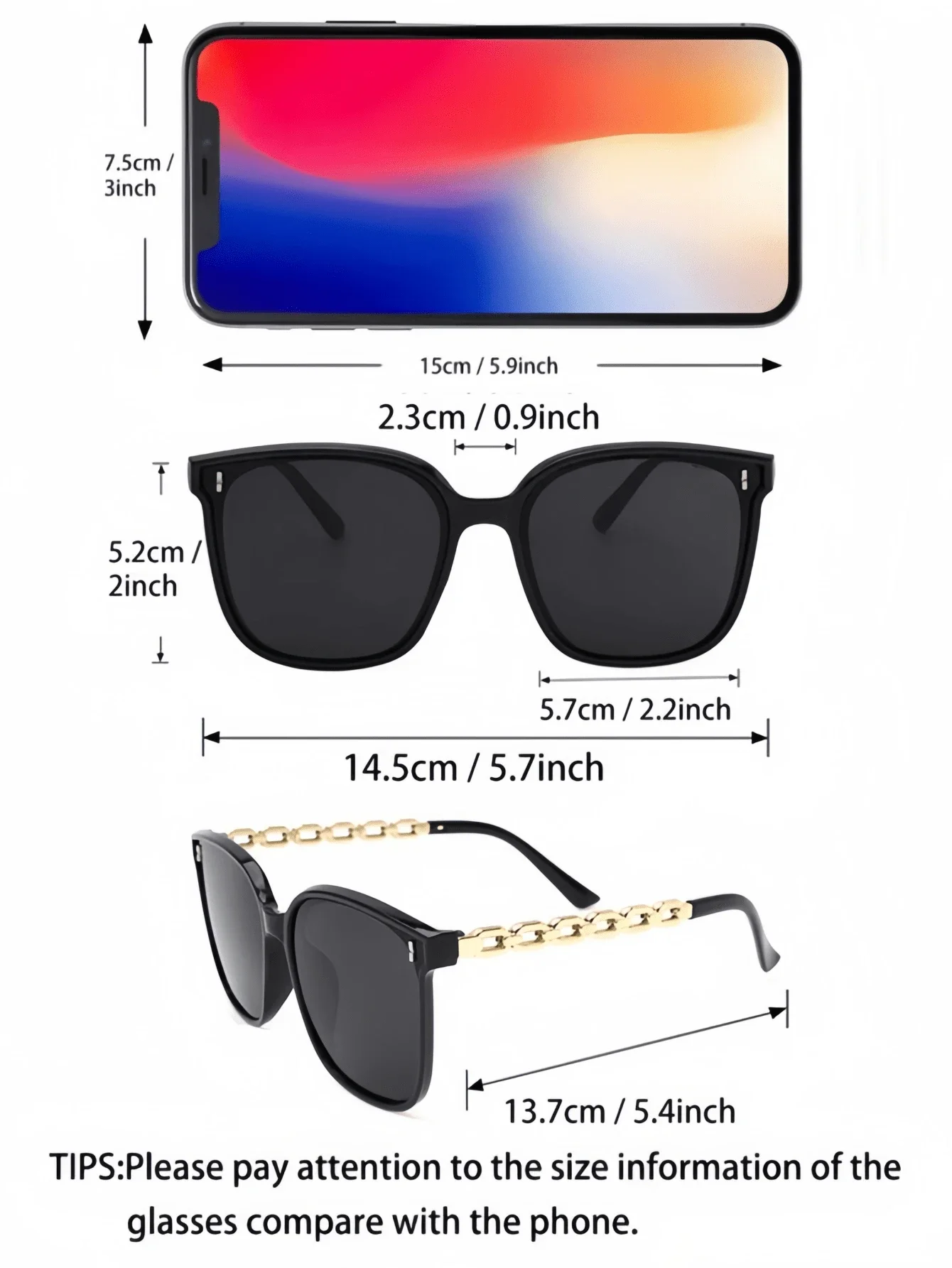 2 Pcs Square Frame Unisex Chain Decor Sunglasses Black Fashion For Beach Daily Vacation Outdoor