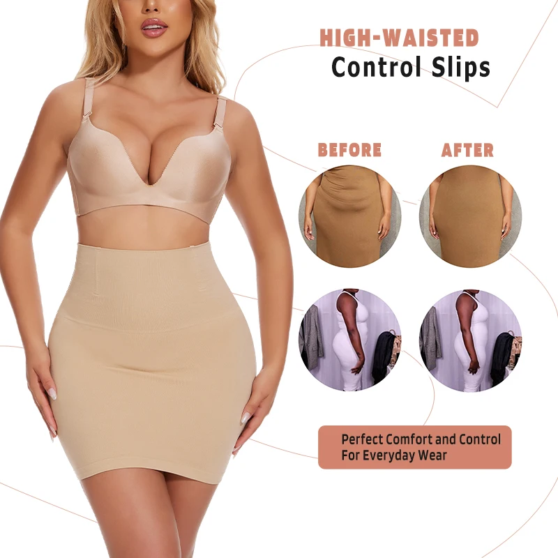 Built-in Thongs Control Slips Women Shapewear Tummy Control Smooth Body Shaper Half Skirts for Under Dress Butt Lifter Underwear