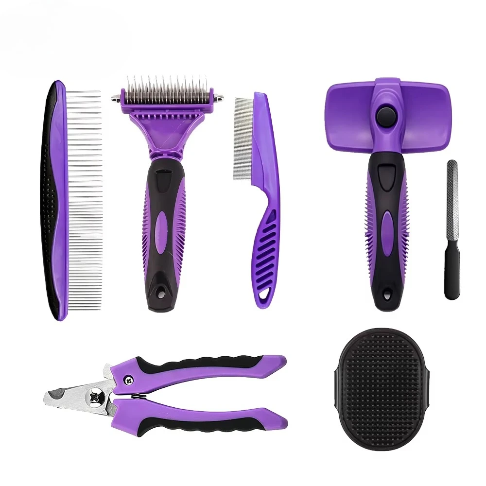 

Purple 7-in-1 Professional Dog and Cat Grooming Brush Set, Portable Stainless Steel Hair Removal Comb, Hair Brush, Nail Scissors