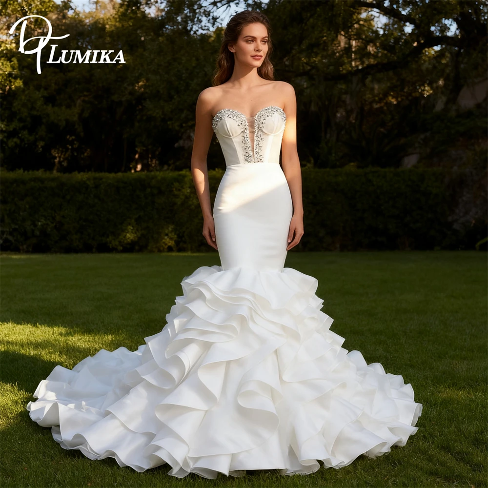 DTLumika أحجار الراين حورية البحر فستان الزفاف للعروس 2026 بدون حمالات ذيل مكشكش فستان زفاف مخصص لحفل الزفاف في الهواء الطلق
