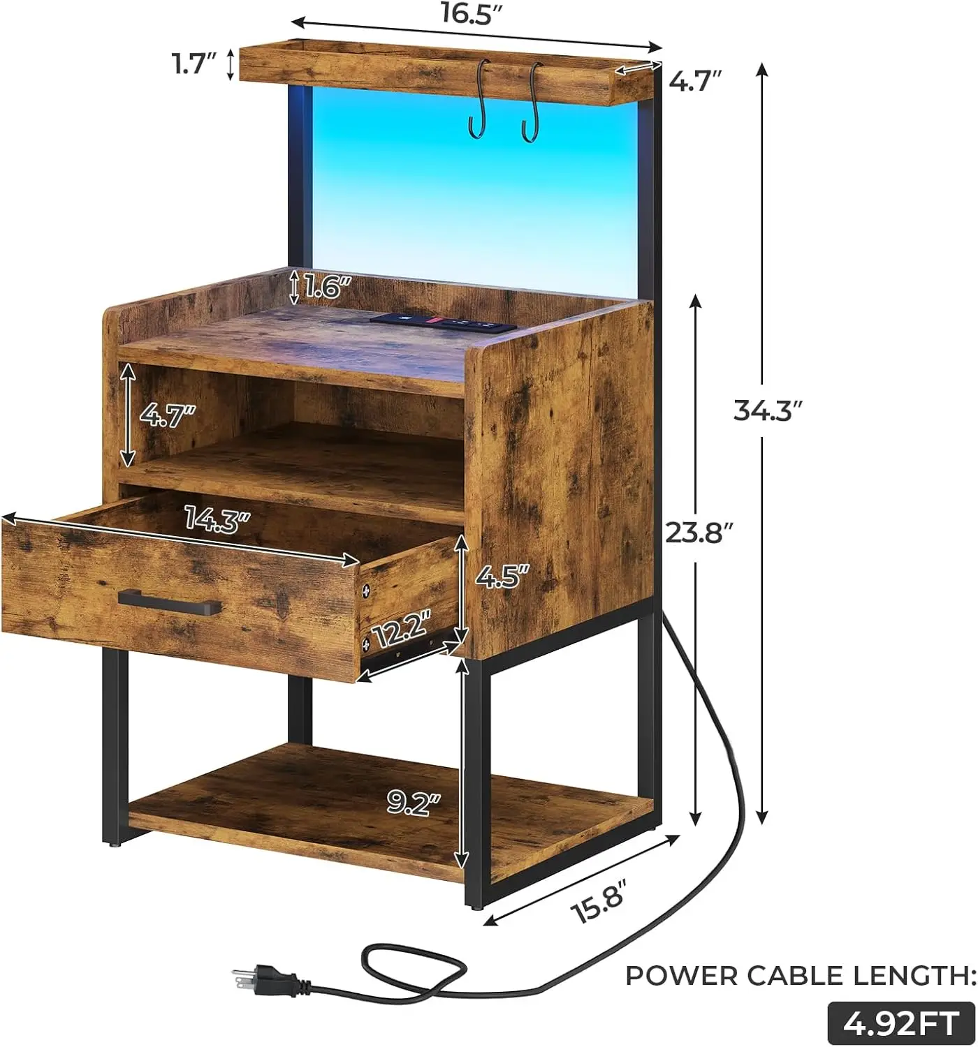 Rustic Brown Nightstands Set Of 2 With Charging Station And Led Lights, Led Night Stand Set 2 With Drawer, Rustic End Side