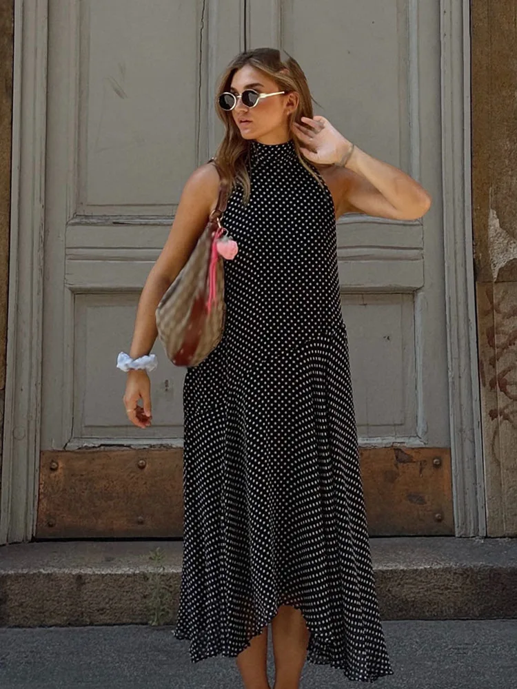 HH Sexy Halter Neck Bow Trim Women's Chic Vintage Polka Dot Casual Dress  2025 Summer Women's Sleeveless Pleated Dress - AliExpress 200000345