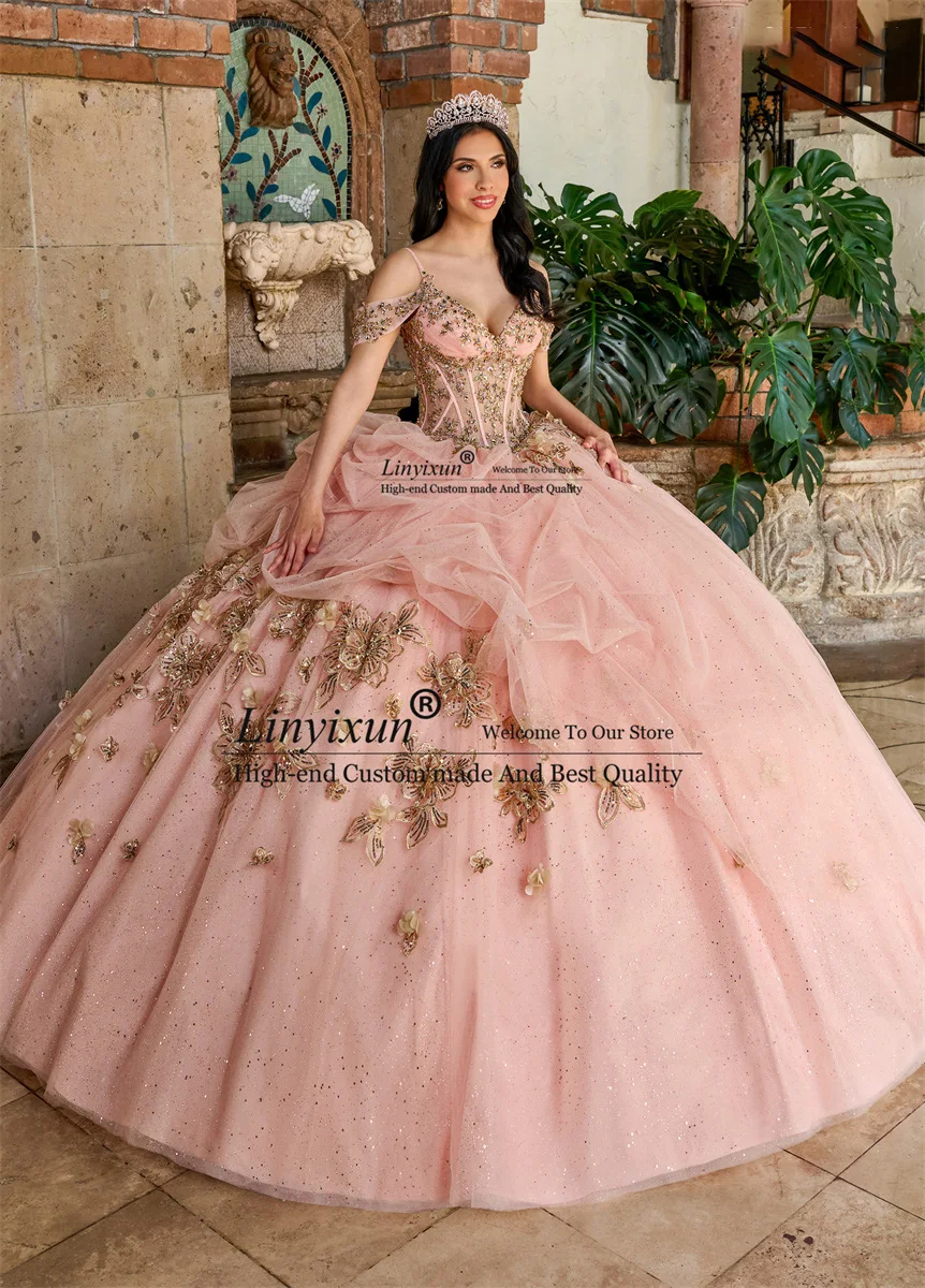 Sparkly Pink Sweetheart Quinceanera Dresses With Bows Glitter Appliques Crystals Beads Sweet 15th Dress Ball Gown Custom