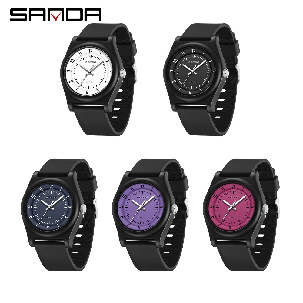 SANDA-Montre à quartz pour étudiant, montre-bracelet à affichage analogique, bracelet en silicone, noir, violet, rose, mode simple, garçon et fille, 6219