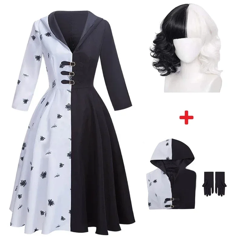 Cruella De Vil Cosplay Costume 2 Styles Women Gown Black White Maid Dress with Gloves Hoodie Skirt Wigs Outfits Halloween Party