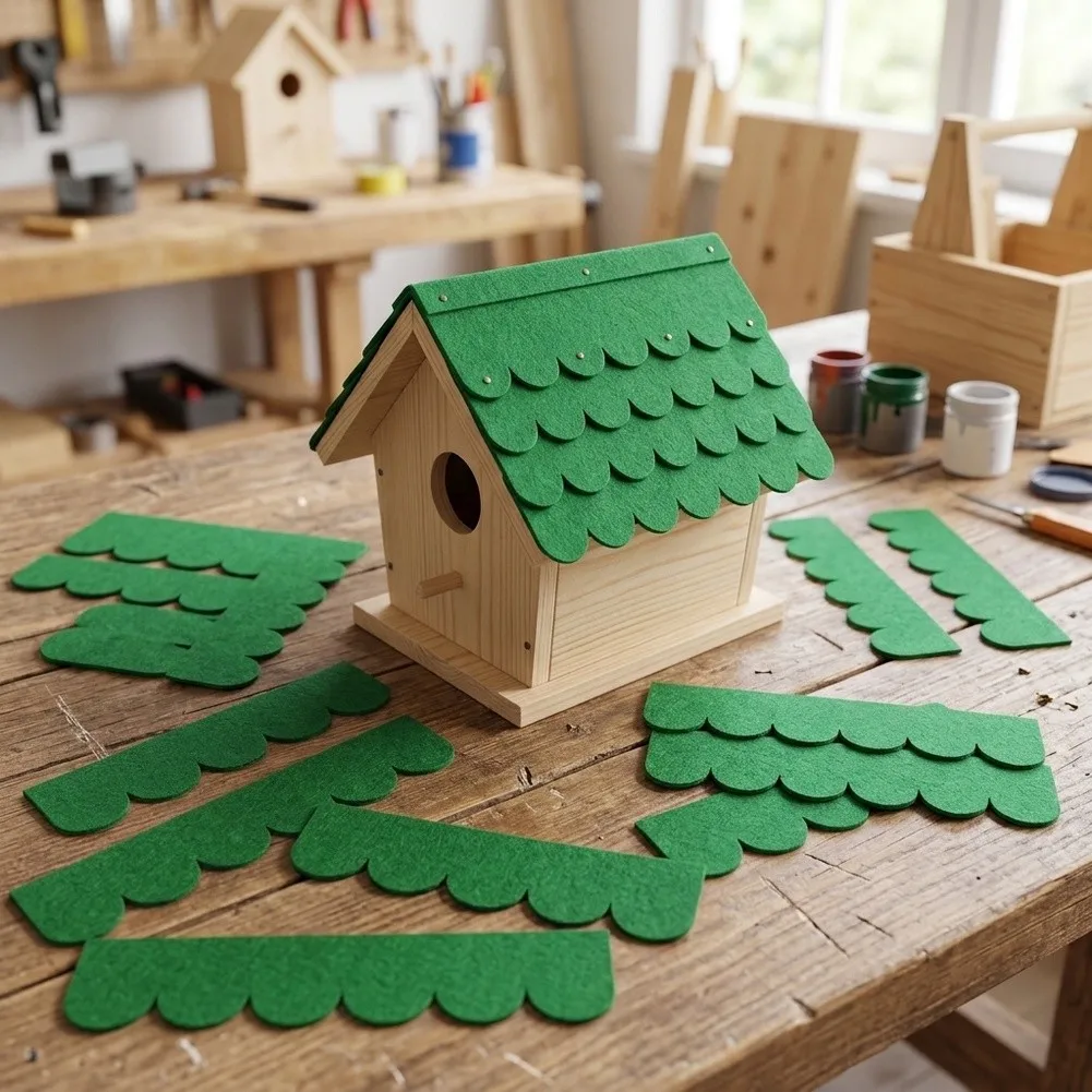 50 Roof Shingles + 3 Peak Covers = 53 pcs Green Non-Woven Felt for Bird House For Nesting Box Roofing Projects