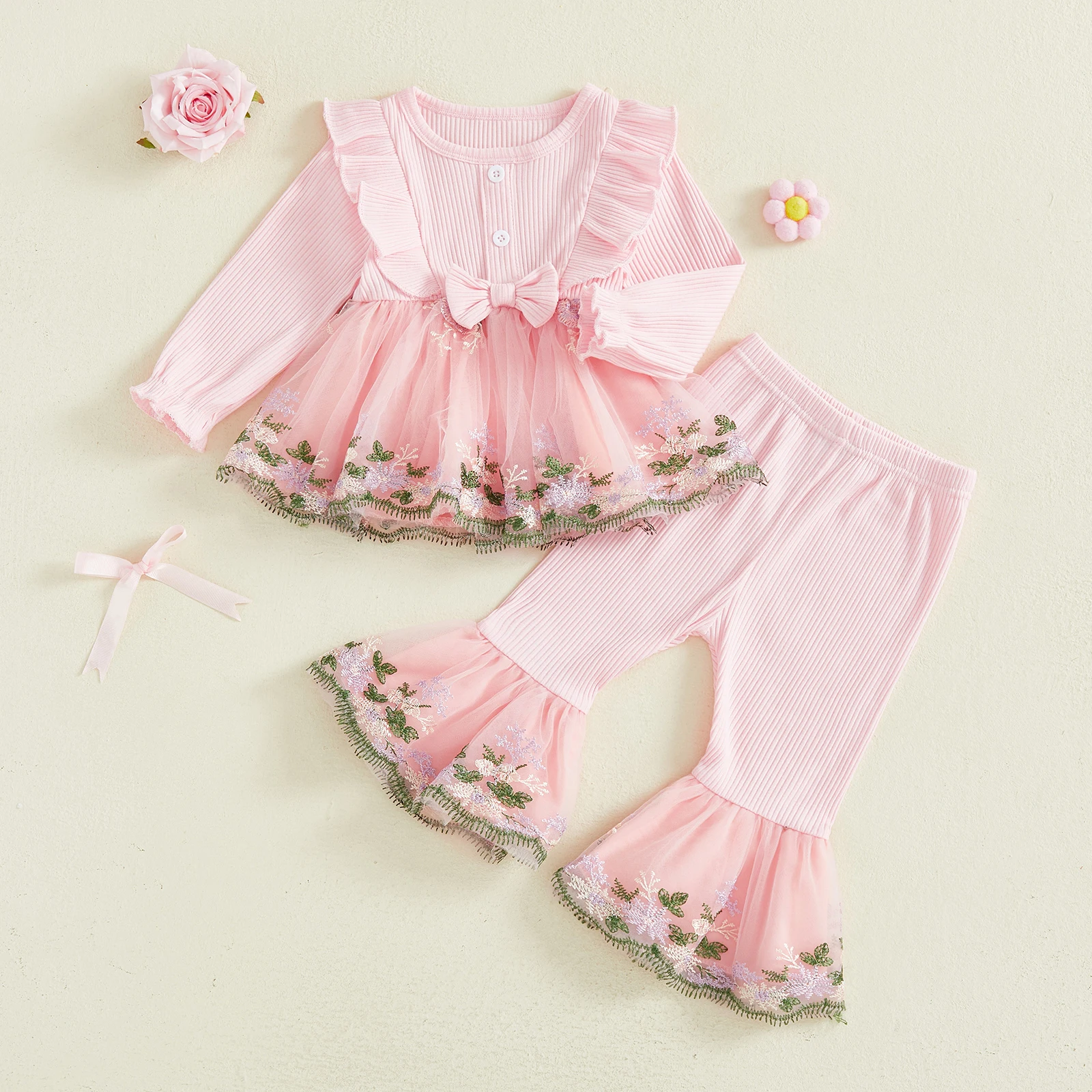 ملابس خريف وشتاء للأطفال الصغار البنات مطرزة بالزهور وأكمام طويلة على شكل حرف A وقيعان جرس مكونة من قطعتين