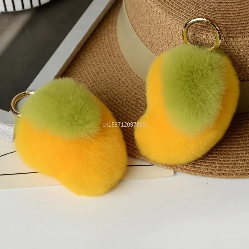 New Cute Sweet Mango Rabbit Fur Keychain Plush Ball Toy Women Bag Charm Ornaments Car Keyring Metal Ring Pendant Girls Gift