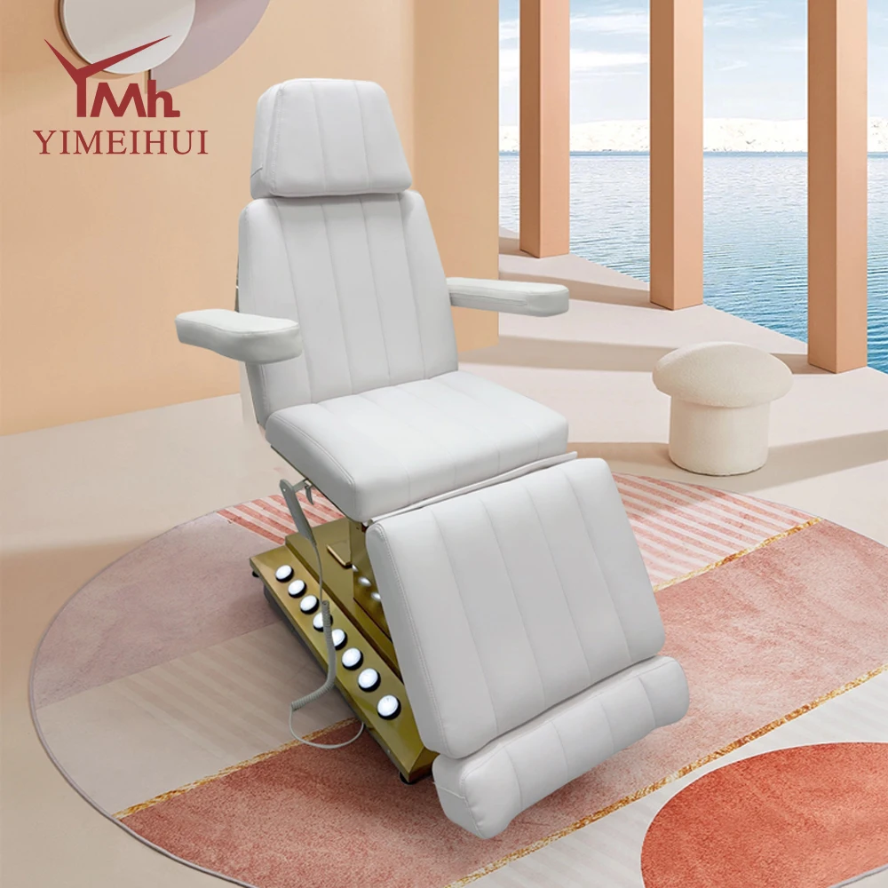 

Luxury Salon Furniture White Gold Base Electric Facial Cosmetic Beauty Massage Tattoo Curved Eyelashes Bed