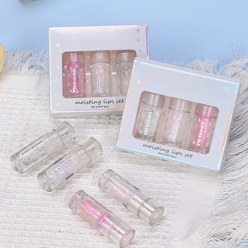 Set di lucidalabbra rimpolpanti da 3 pezzi Pennello perlato Finitura iridescente Olio per labbra idratante Confezione regalo per la cura idratante Base per lucidalabbra