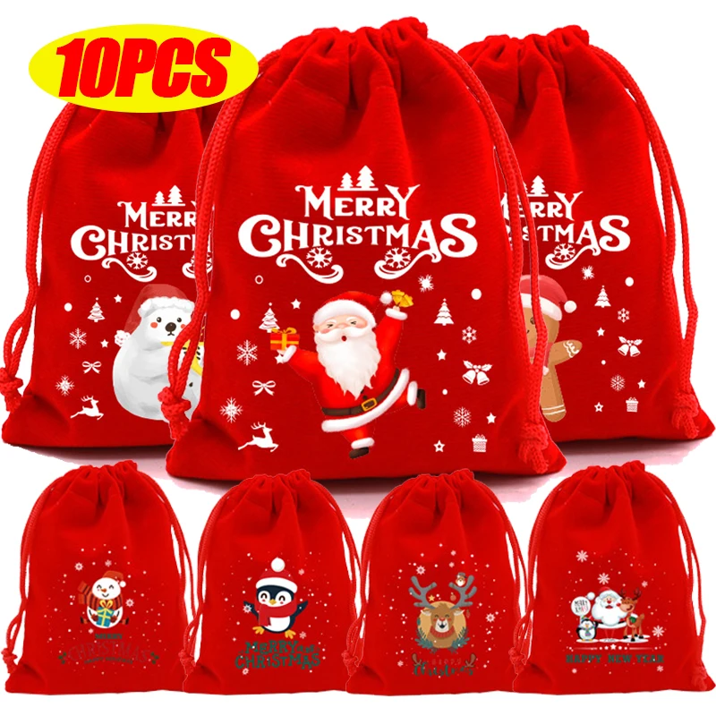 3-10pcs Christmas Velvet Bags 9x12 13x18cm Small Candy Gift Bag Drawstring Pouch Xmas Favor Bracelet Jewelry Packaging Bags