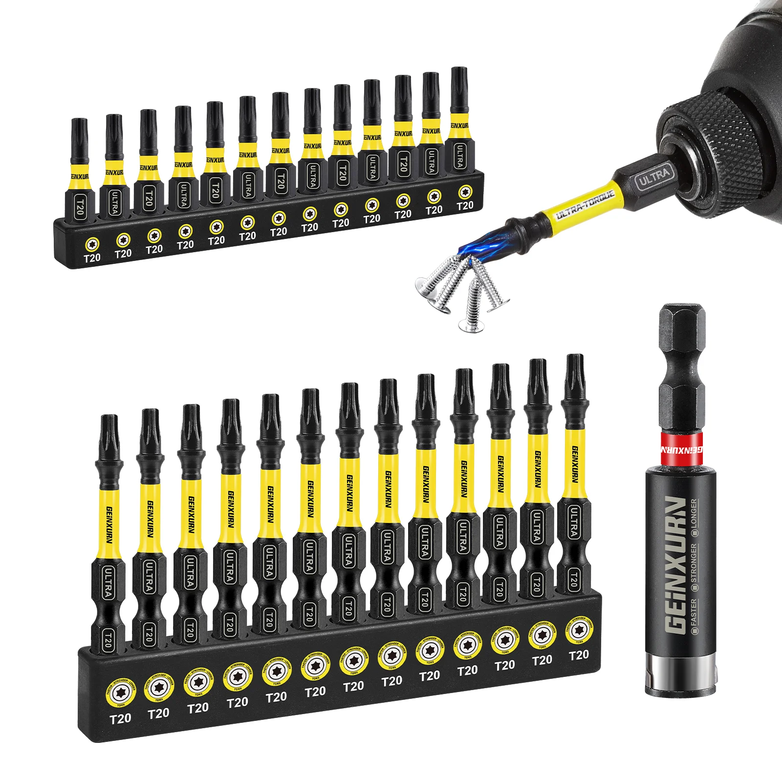 Conjunto de bits de chave de fenda de impacto Geinxurn, pontas magnéticas de aço T20 S2 de 1 polegada/2" e suporte de broca de 1 unidade com base codificada por cores