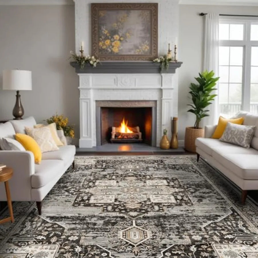 

Large 9x12 washable area rugs for living room and bedroom vintage-style stain-resistant black carpet with non-slip backing, ide