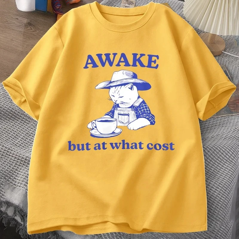 เสื้อยืดผู้ชายลายแมวตลกพร้อมกาแฟ สไตล์วินเทจ Y2K ตลกขบขัน สำหรับคนรักสัตว์