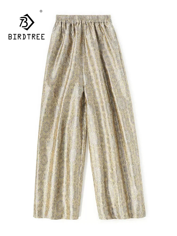 BirdTree-Silk Song Brocade Elegant Pants, Elastic Waist Geometry, Women Retro Commute Wide-leg Pants, 2026  Autumn New B69061CC