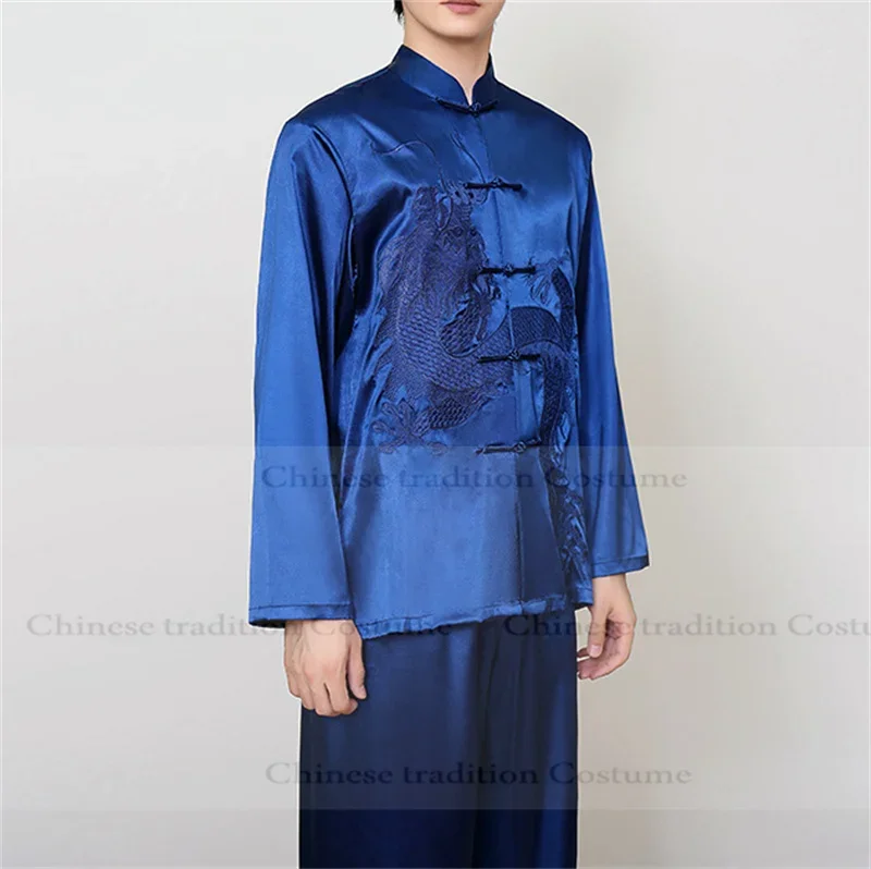 

Традиционный китайский стиль Hanfu Tang костюм с вышивкой дракона кунг-фу боевые искусства осень новая одежда Тан мужские атласные топы униформа