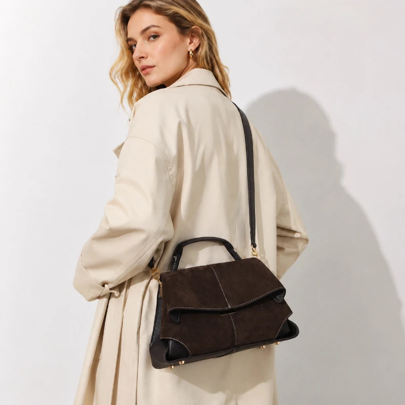 

100% Genuine Suede Leather Women Top Handle Bag Vintage Crossbody Bag Ladies Stitching Design Flap Shoulder Bag For Daily Use