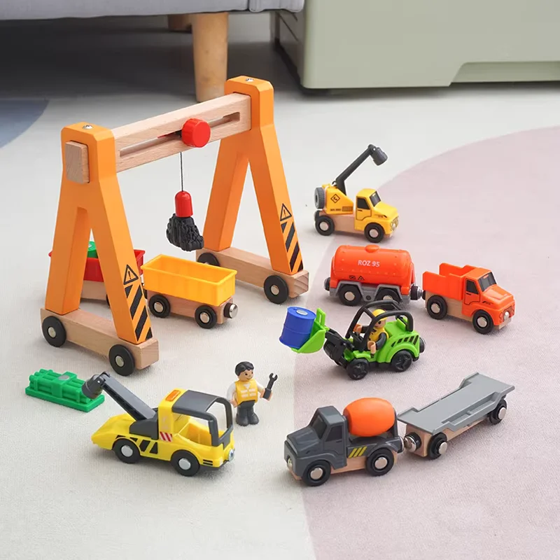 

Children's Train Track Set Wooden Railway Accessories Construction Site Crane Toy for Boys Christmas Gift