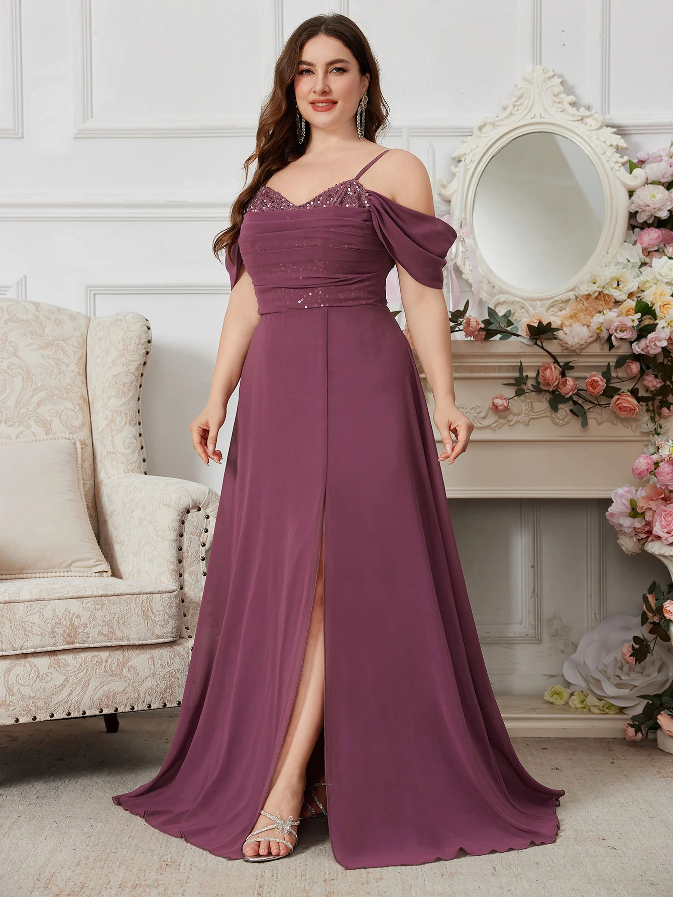 UNITHORSE Plus Size Backless Slit Dress With Sequin, Heart Neck Pleated Front, Recycled Fabric, Earth-Friendly Women's Dress view 4