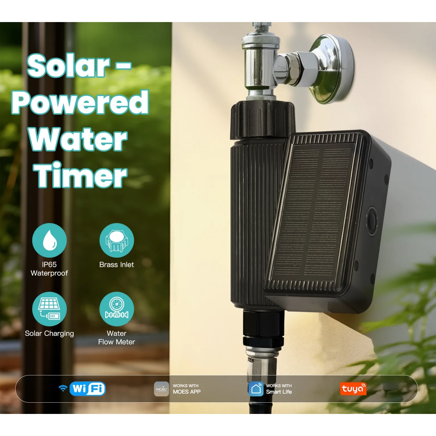 

WiFi Solar Powered Water Timer Meter IP65 Waterproof Brass Inlet With Soil Temperature Humidity Sensor Detector