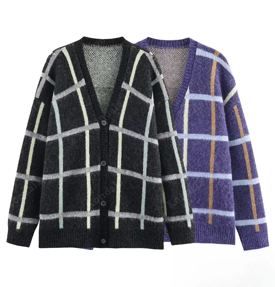 

KONDALA осенний женский повседневный шикарный кардиган, вязаный однобортный клетчатый кардиган с v-образным вырезом, осень-зима 202, элегантный женский вязаный кардиган