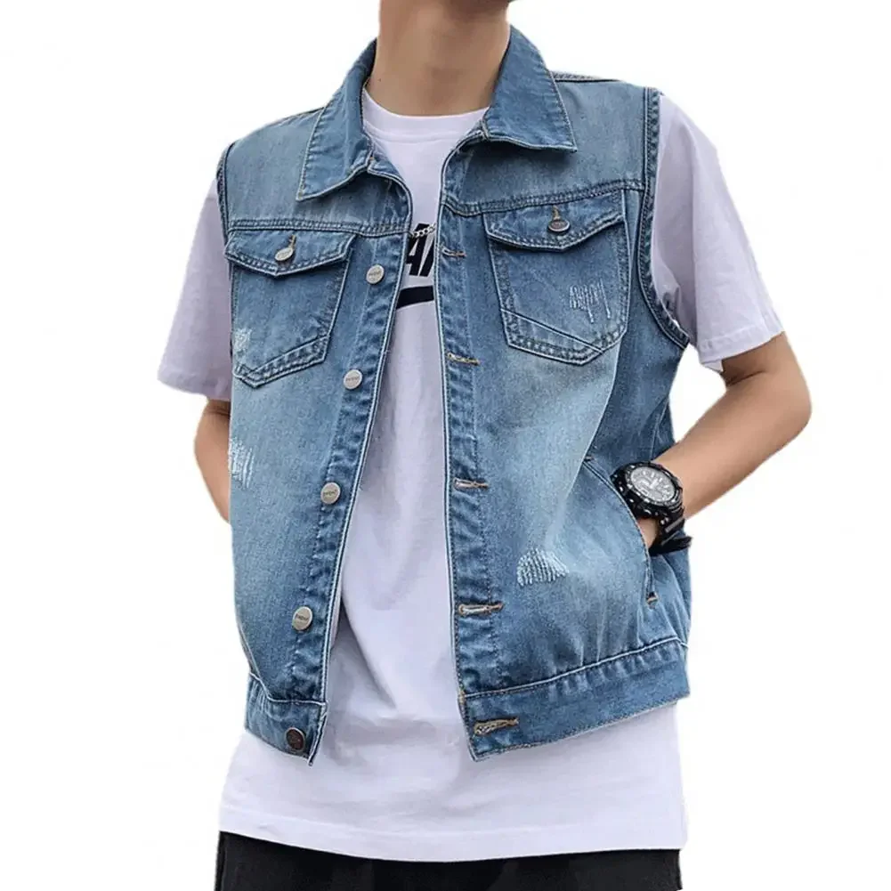 

Men Denim Vests 2024 Spring Summer Ripped Long Hole Jeans Waistcoat Fashion Sleeveless Casual Jacket Outerwear