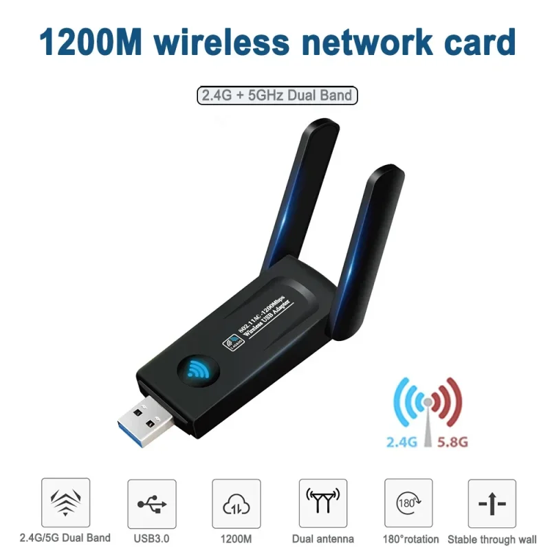 1200Mbps USB WiFi Adapter AC1200 Ethernet Network Card Dual Band 5G 2.4G USB3.0 Wireless WiFi Dongle for PC Laptop WiFi Receiver