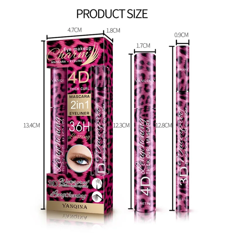 Red Leopard 2-in-1 Makeup Set - Volumizing Curling Mascara + Waterproof Quick-Dry Eyeliner Lengthening Fast-Drying Cosmetics 1PC