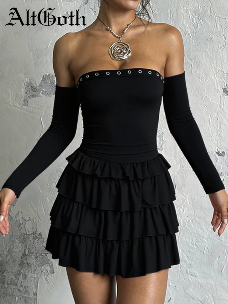 

AltGoth Sexy Hottie Strapless Dress Women Streetwear Elegant Eyelet High Waist Ruffle Mini Dress Classic Chic Y2k Party Dresses
