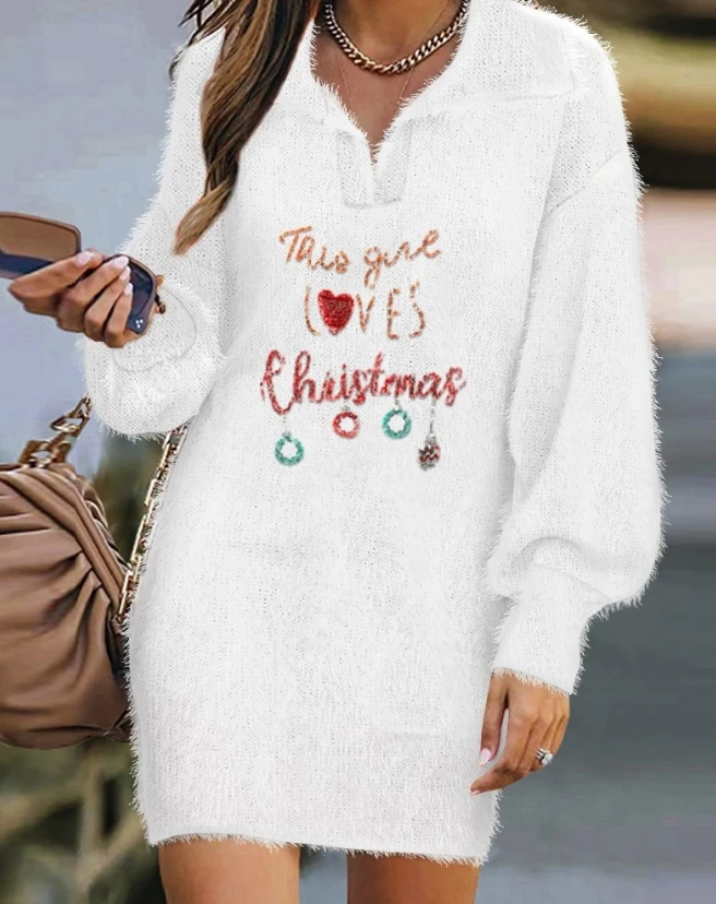 

Womens Dresses 2023 Spring Fashion Christmas Letter Pattern Contrast Sequin Fuzzy Casual Turn-Down Collar Long Sleeve Mini Dress