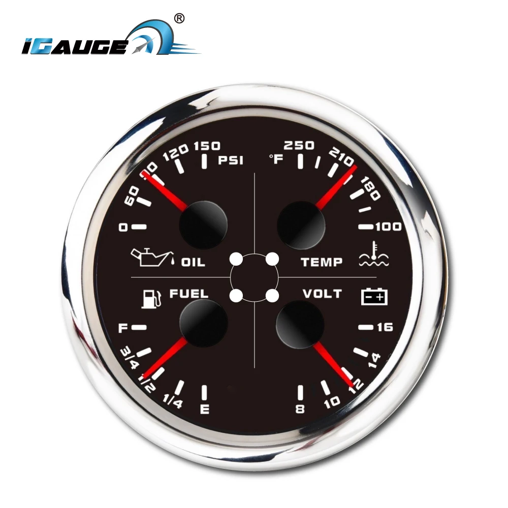 

85mm 4 In 1 Black Oil Pressure Fuel Level Meter Voltage Water Temperature Gauge Multifunction Gauge Warning Function Car Truck