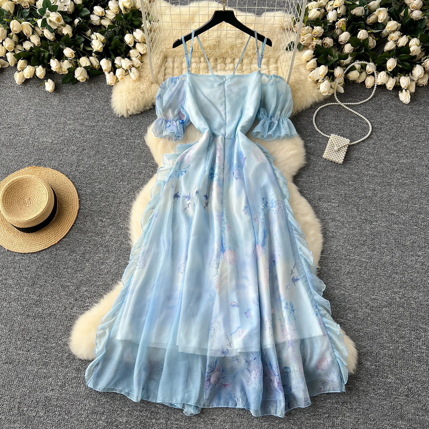 Summer Sexy Beach Holiday Dress for Women Off the Shoulder Layered Ruffle Bohemian Slash Neck Blue Traf New In 2024 Chic