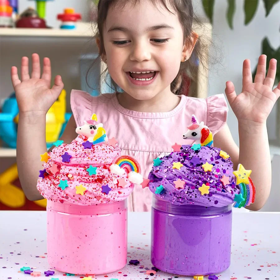 2 Pack DIY Butter Slime Kit for Kids, Glitter Unicorn Rainbow Star Slime, Party Favors Gift