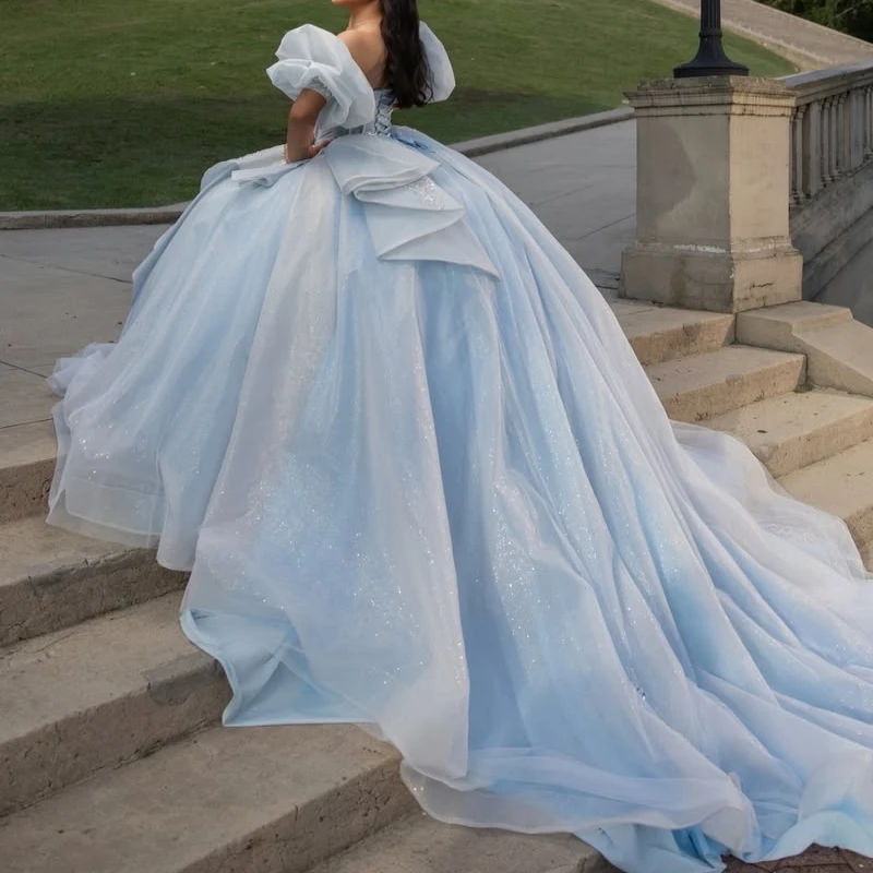 Sky Blue Glitter Quinceanera Dresses Off Shoulder Ball Gown Sweet 16 Dress Sequin Applique Beading Crystal Tull Corset Birthday
