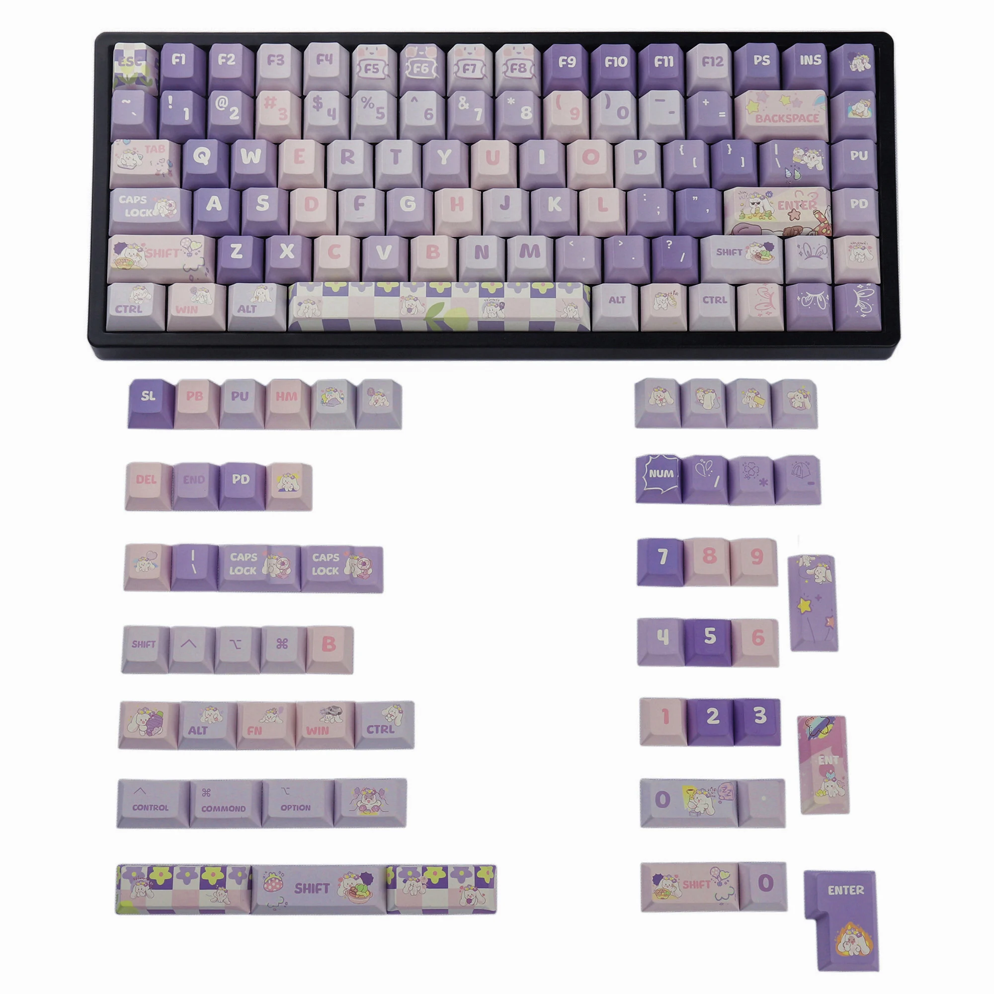 

Популярные колпачки для клавиш с изображением фиолетового кролика. Оригинальные высокомеханические колпачки для сублимационной клавиатуры из ПБТ 60/68/84. и другие посвященные.