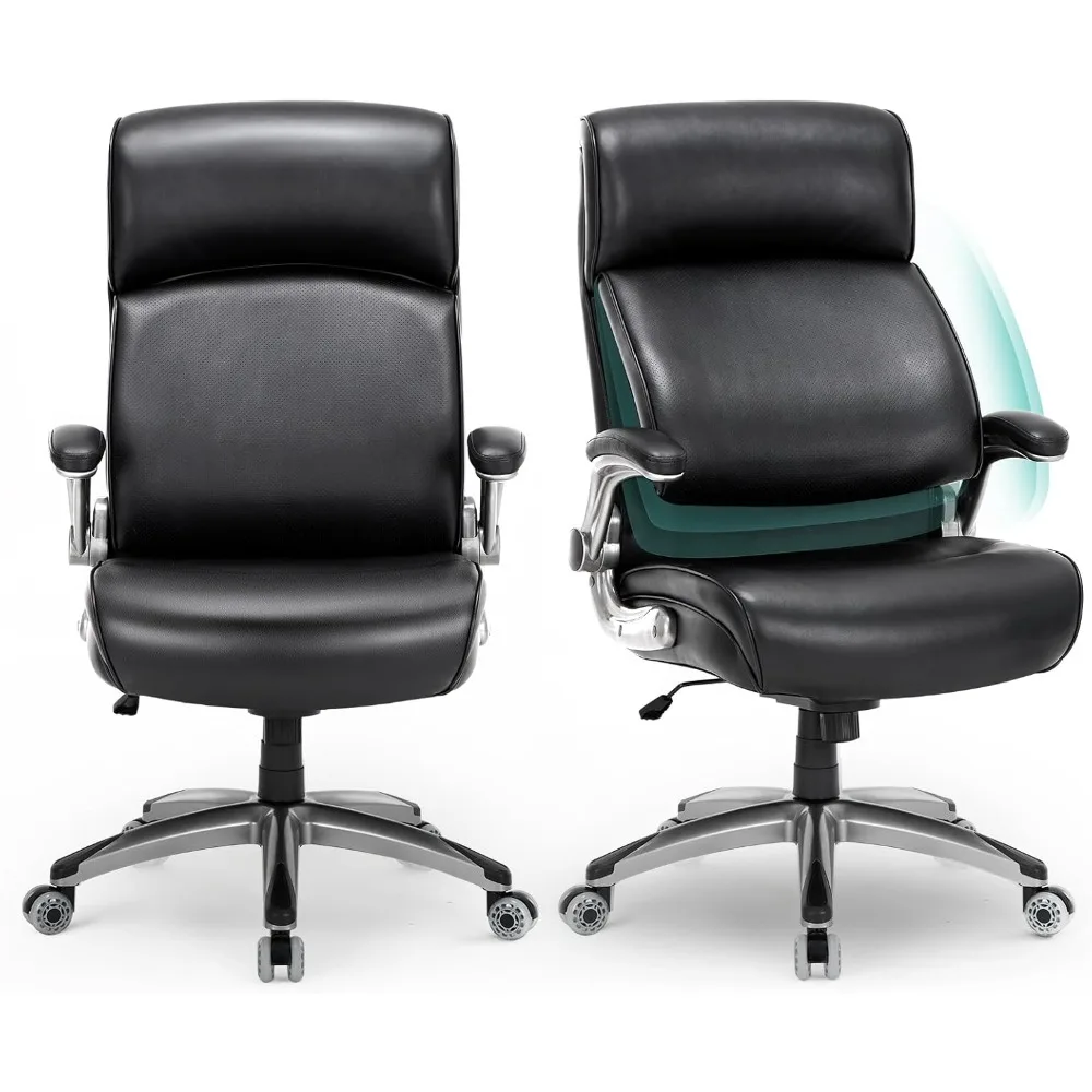 

300lbs Leather Desk Chair with Flip-Up Lumbar Support, High Back Executive Chair, Upgraded Casters, Flip-Up Padded Arms, Thick C