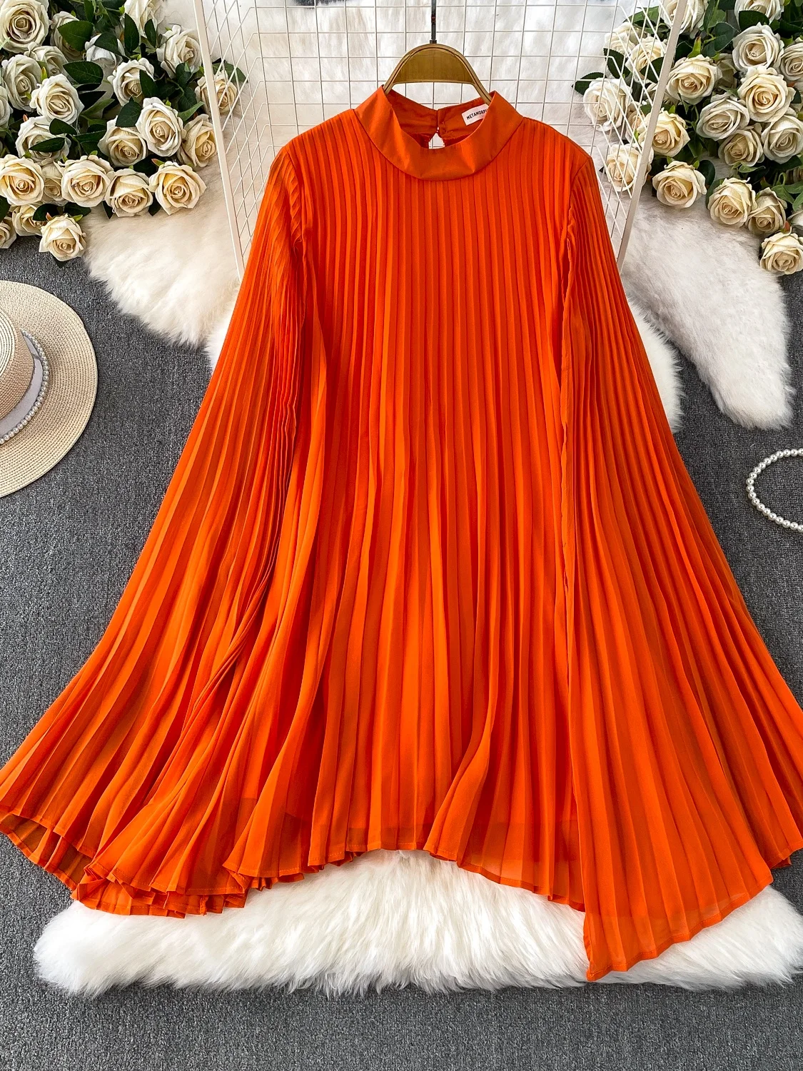 

Ele Bell Sve awl Collar irt Dr Women's Autumn Winter Loose Fitting Meat Covering mid Length Pleated Top